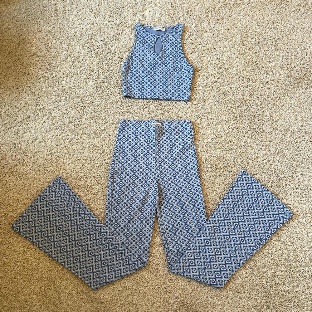 Social Tourist Blue Boho Western Crop Top Flare Pant Set